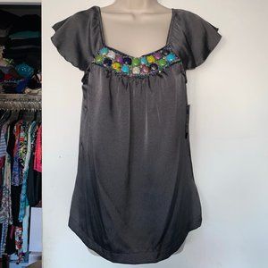 APT. 9 Gray Flutter Sleeve Beaded Bodice Blouse